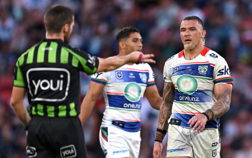 James Fisher-Harris of the Warriors is called out before being sent to the bin during the NRL Round 11 match between the Redcliffe Dolphins and the New Zealand Warriors.