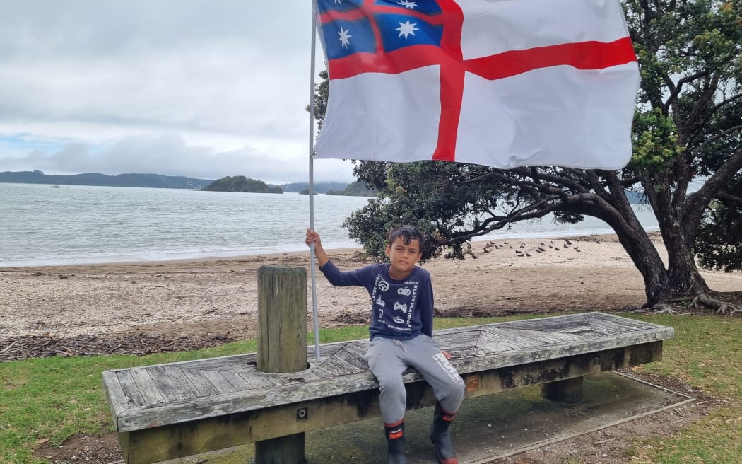 Manawa Williams, 9, (Ngāpuhi, Waikato) in Waitangi this morning.