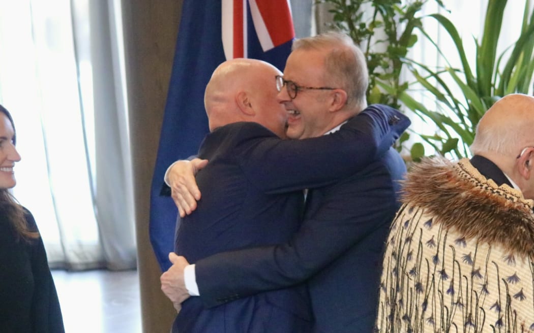 New Zealand's Prime Minister Christopher Luxon welcoming Australia's Prime Minister Anthony Albanese to Queenstown.