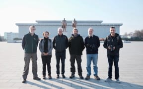L to R: Keith Woodley (Miranda), TVNZ Sunday producer Louisa Cleave, Mark Crysell, Adrian Riegen (Miranda), David Melville (Miranda) and TVNZ camera man Martin Anderson.