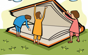 Children opening a large book, illustration. (Photo by FANATIC STUDIO / SCIENCE PHOTO L / FST / Science Photo Library via AFP)