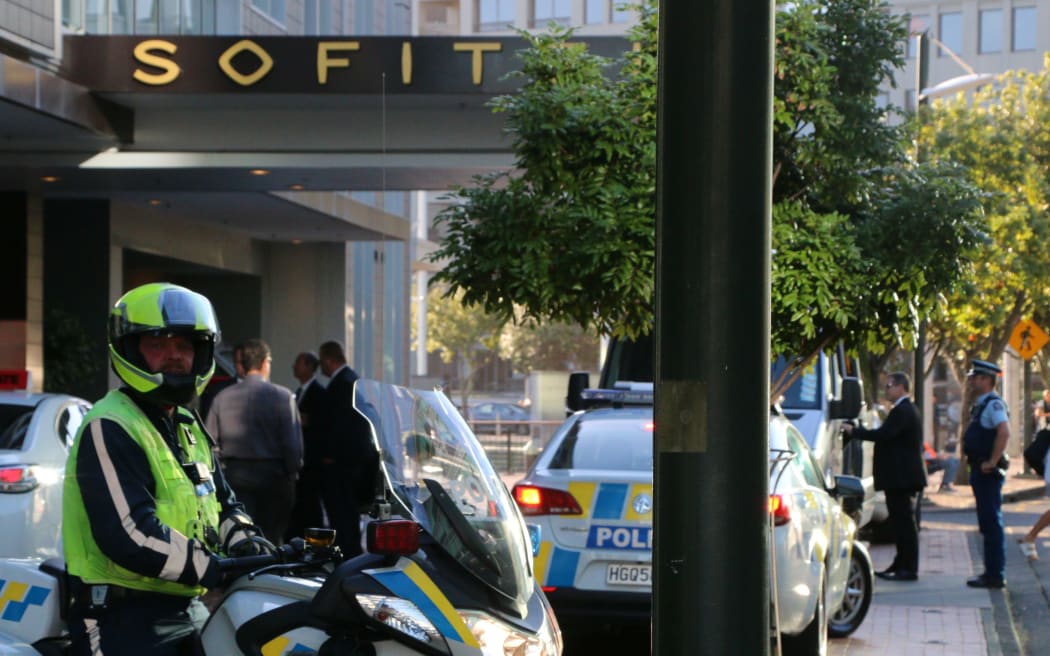 The police presence outside Mr Obama's hotel.