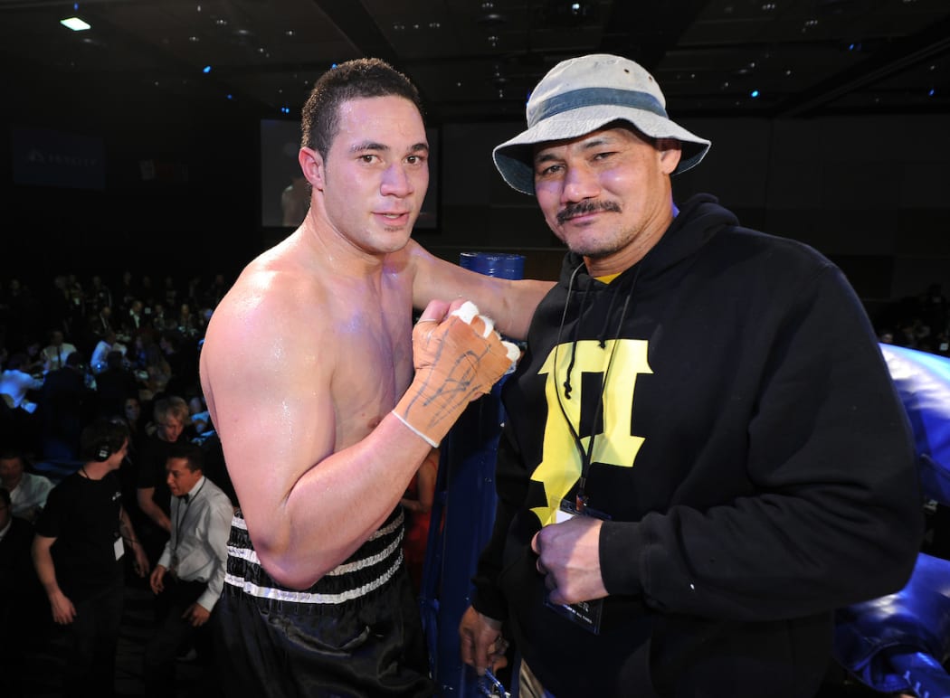 Heavyweight Boxing, Joseph Parker with trainer Maselino Masoe at the KFC Godfather of fight nights in July 2012.