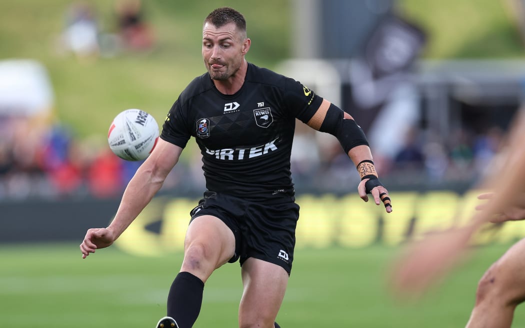Kieran Foran of the Kiwis kicks during New Zealand Kiwis  v Toa Samoa,  round 1 of the Pacific Championships at Go Media Stadium, Auckland.