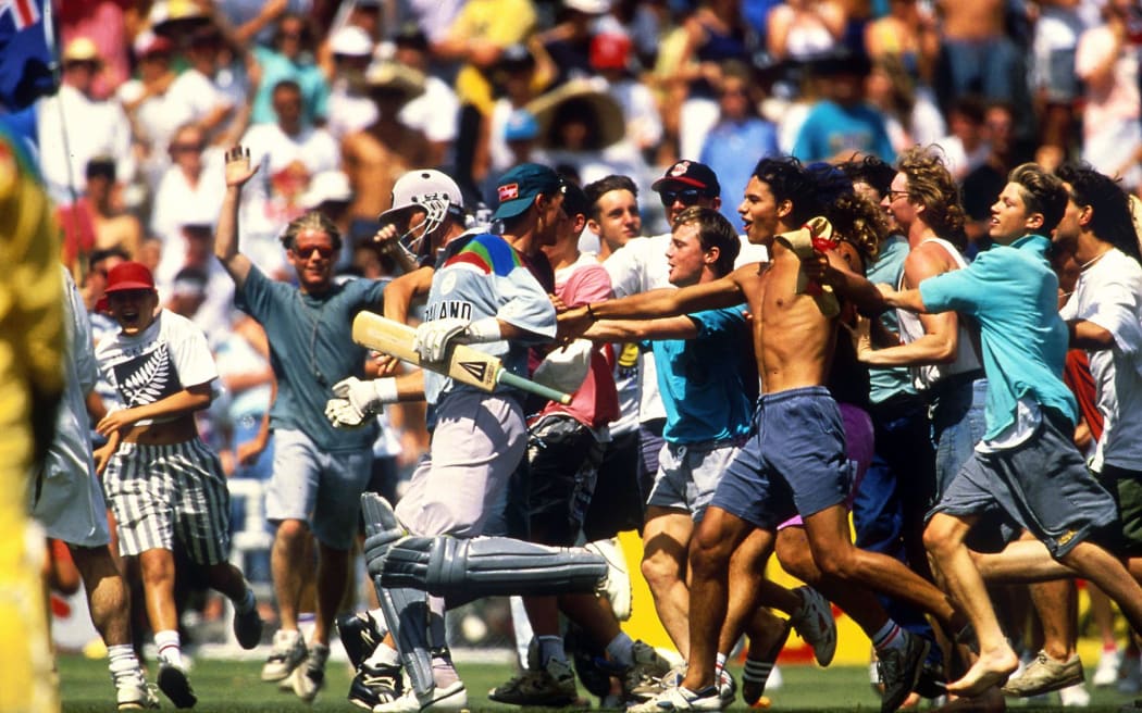 Martin Crowe is chased by fans, New Zealand Black Caps v Australia, Cricket World Cup, Eden Park, New Zealand. 22 February 1992.