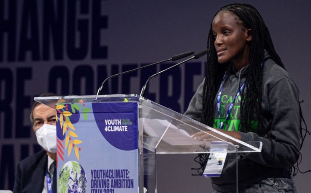 Vanessa Nakate, Youth Climate Activist speaks from the podium during the Youth4Climate Pre-COP Youth Event at MiCo in Milan, Italy on September 28, 2021.