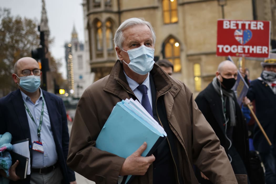 EU chief negotiator Michel Barnier walks back to Brexit talks for a trade deal between the EU and the UK, in central London.