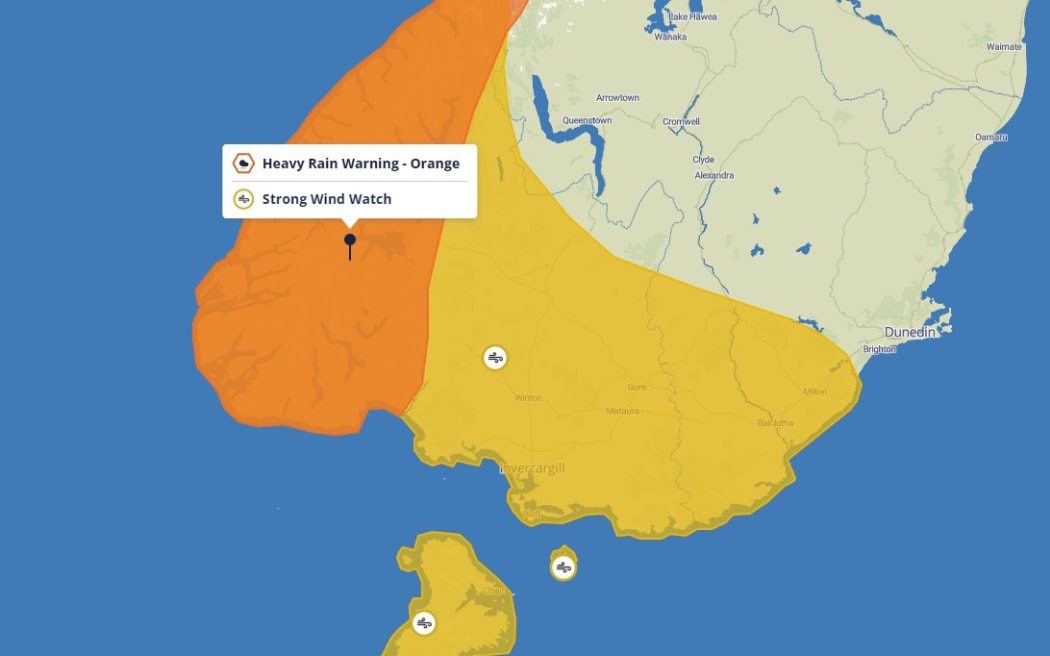 A screenshot showing the South Island areas affected by rain and wind warnings.