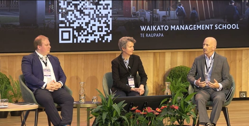 ANZ chief economist Sharon Zollner, ASB chief economist Nick Tuffley (Right) and Infometrics chief executive and principal economic Brad Olsen at a panel discussion at the New Zealand Economics Forum.