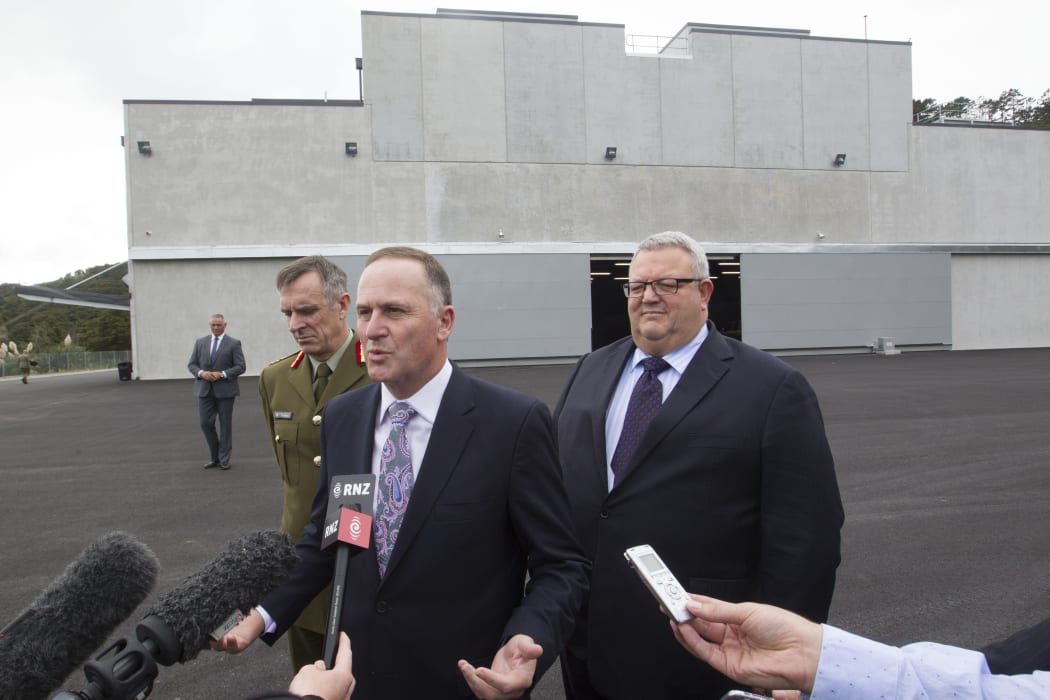 Prime Minister John Key and Defence Minister Gerry Brownlee at the NZDF's new battle training facility in Papakura.