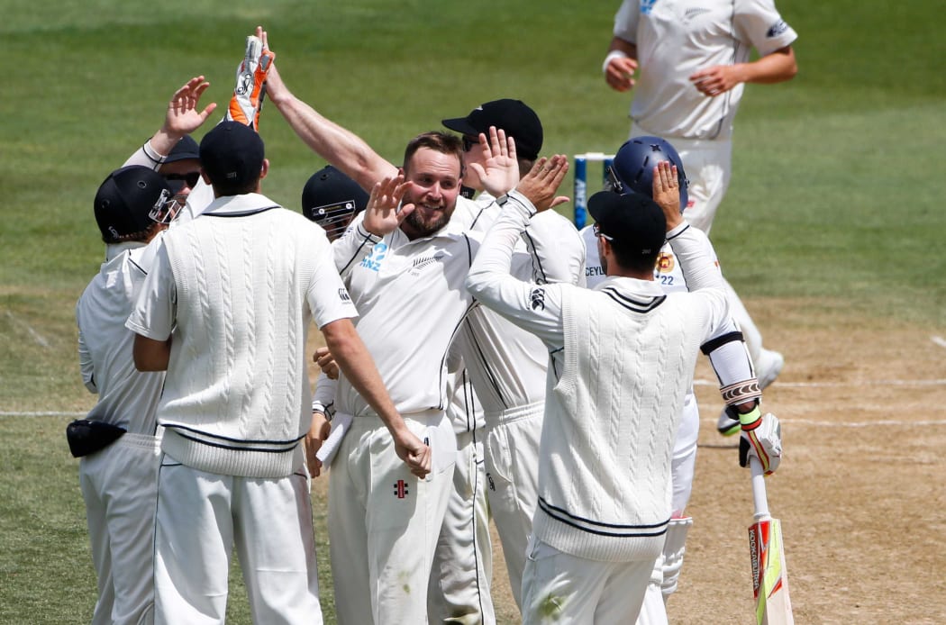 Mark Craig and the team celebrate the wicket of Rangana Herath. Fifth day, second test, ANZ Cricket Test series, New Zealand Black Caps v Sri Lanka, 07 January 2015, Basin Reserve, Wellington, New Zealand.