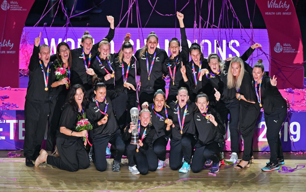 The Silver Ferns celebrate winning the 2019 Netball World Cup in Liverpool.
