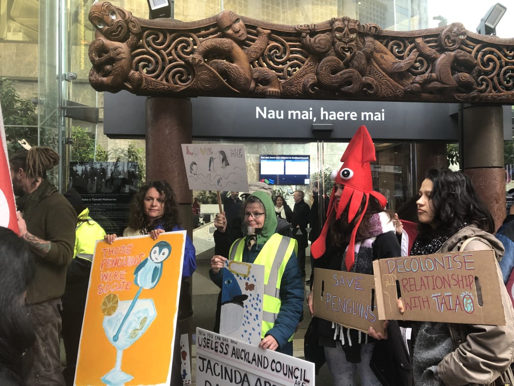 Protesters outside Auckland Council.
