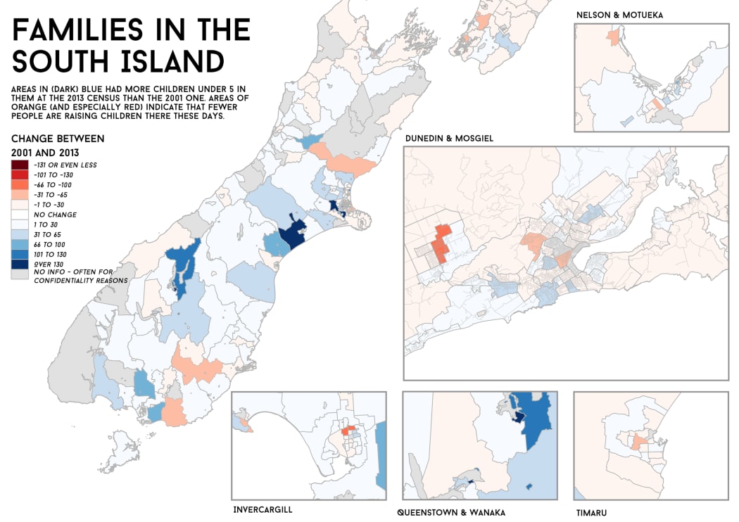 A map showing where young families are in the South Island