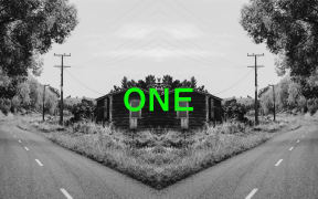 Podcast episode image for the 'Mr Lyttle Meets Mr Big' podcast. A moody black and white photograph of a rural house and road is mirrored vertically creating a Rorschach like effect with the episode number 'ONE' overlaid in vibrant green.