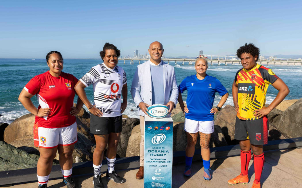 The team captains with Oceania Rugby general manager Frank Puletua