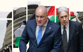 Composite of Christopher Luxon, Winston Peters, Palestine flag and the Beehive