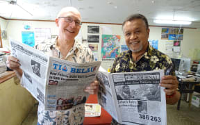 Giff Johnson and Tia Belau Publisher Moses Uludong of Palau in the Marshall Islands Journal's newsroom in Majuro, Marshall Islands