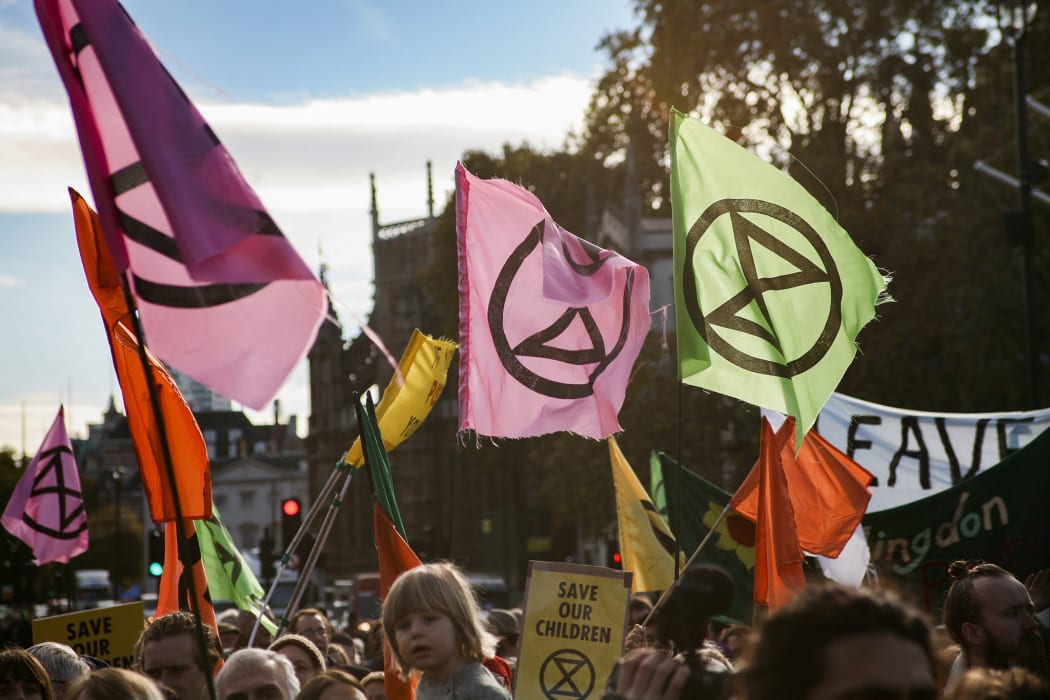 Extinction Rebellion flags during a protest.