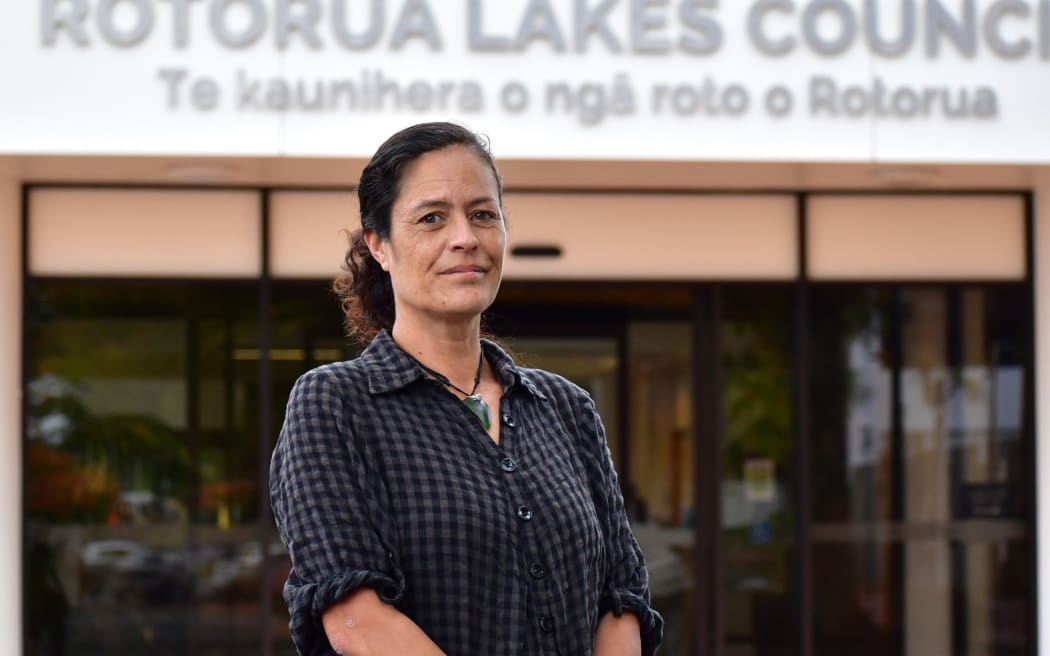 Melissa Brown, Tūhourangi Ngāti Wāhiao, outside Rotorua Lakes Council.