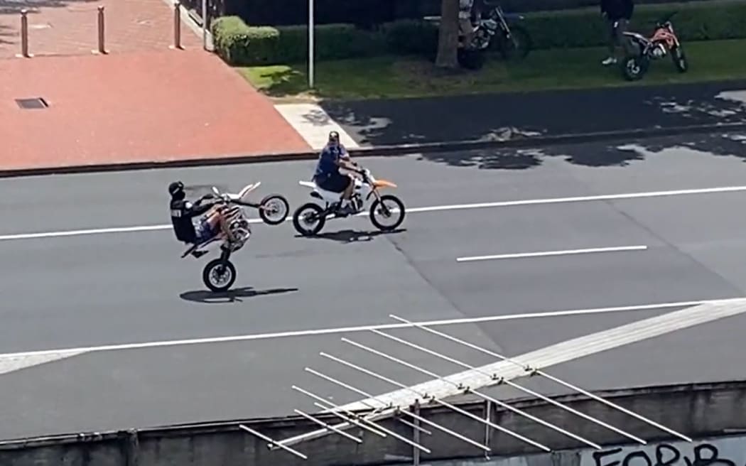 Screengrab of people ride dirt bikes along Fanshawe Street in central Auckland on 31 December, 2021.