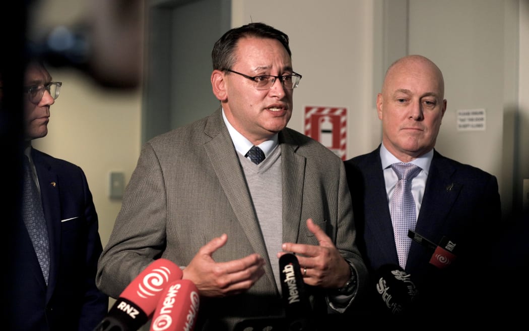National Party health spokesperson Shane Reit with leader Christopher Luxon (right) speaking to reporters at the party's cancer treatment policy announcement on 21 August, 2023.