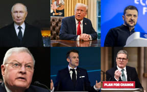 Vladimir Putin (L-R), Donald Trump, Volodymyr Zelensky, US Ukraine envoy Keith Kellogg, Emmanuel Macron and Kier Starmer.