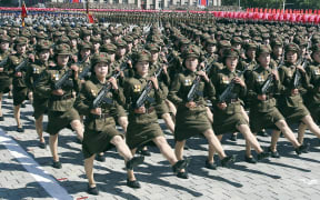 Soldiers march during a parade to celebrate the 70th anniversary of the founding of the Democratic People's Republic of Korea (DPRK)