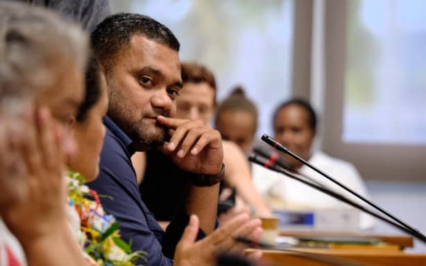 Oceanian Awakening (L'Eveil Oceanien) party leader Milakulo Tukumuli looks on during the elections for the forming of the 17th government of New Caledonia, in Noumea, on February 17, 2021. The president has not yet been appointed, with 5 days for the members of the government to make a choice. The separatists taking the head of the collegiate government of New Caledonia for the first time since the Noumea Accord of 1998, following the overthrow of the alliance of a pivotal party, before a third referendum on the independence by 2022.