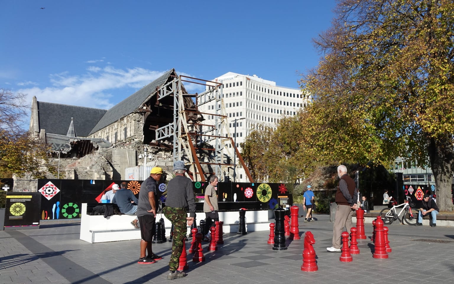 Christchurch's Cathedral Square is again busy with people enjoying a sunny Sunday afternoon, but five years on the cathedral still waits in disrepair.
