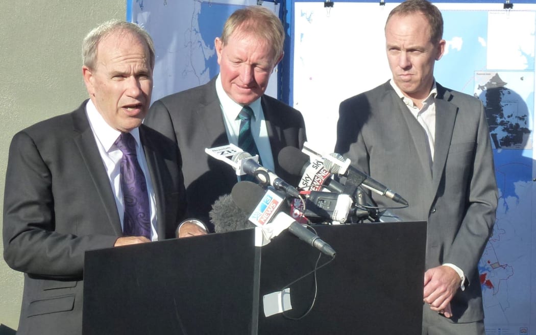 Len Brown, Nick Smith and developer Mark Todd at the announcement.