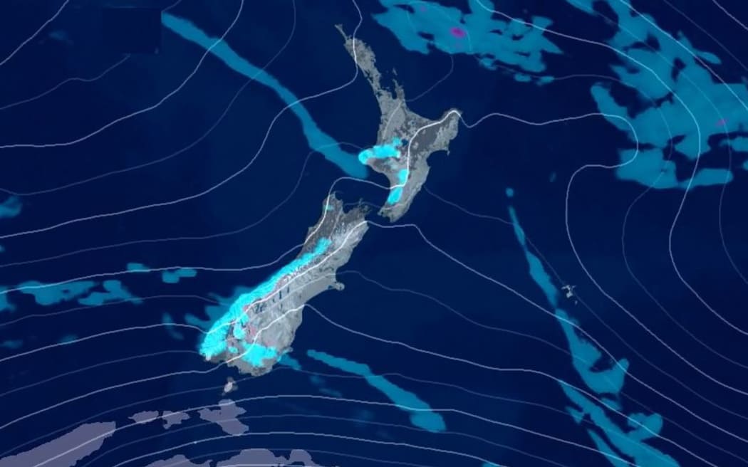 A screenshot of Earth Sciences New Zealand's rain forecast map for Saturday morning.