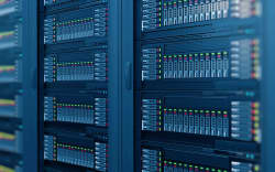 Modern server rack with data center hardware. networking, net-net security and data analysis. Computer processor and medical mask. server rack with computers, servers and processor. Advanced technology in data center. Mainframes. Workplace and technologies concept.