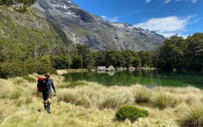 A tramper walks along the shore of Nelson Lakes National Park's Rotomairewhenua 
 or Blue Lake, which has the clearest water in the world.