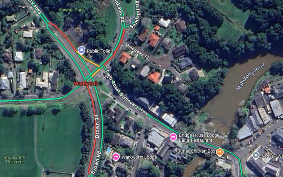 SUP051224HILLST2: Google Earth view of Warkworth’s complicated and confusing Hill Street intersection. Photo: Supplied/Google Earth