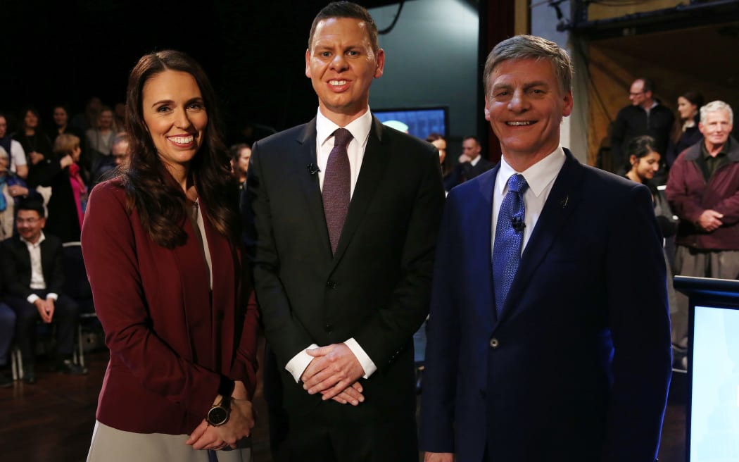 Jacinda Ardern, moderator Patrick Gower and Bill English after the second leaders debate.