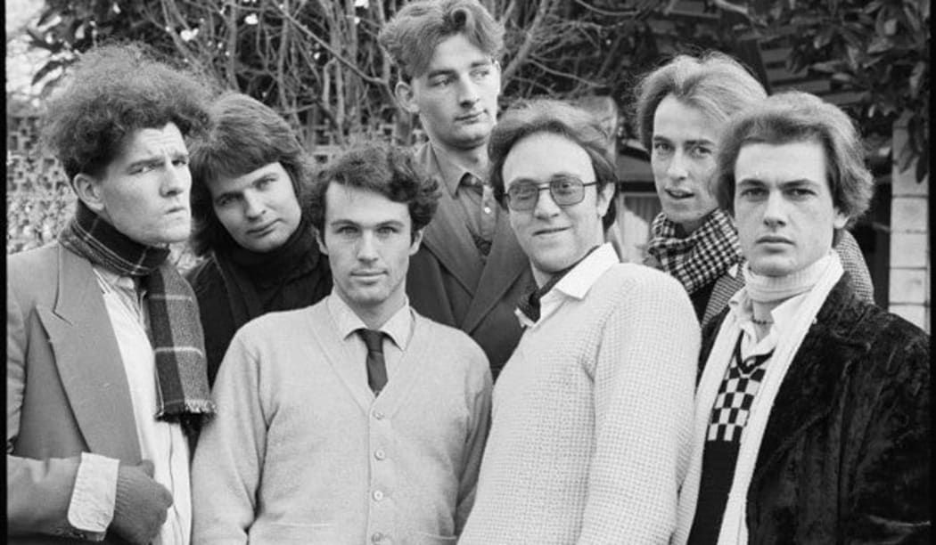 SPLIT ENZ in 1975. In front, Tim Finn, left, Mike Chunn, Wally Wilkinson, and Phil Judd. Back row: Emlyn Crowther, left, Noel Crombie, and Eddie Rayner.