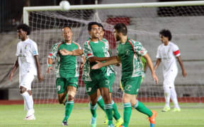 Lupe Ole Soaga celebrate a goal against AS Magenta.