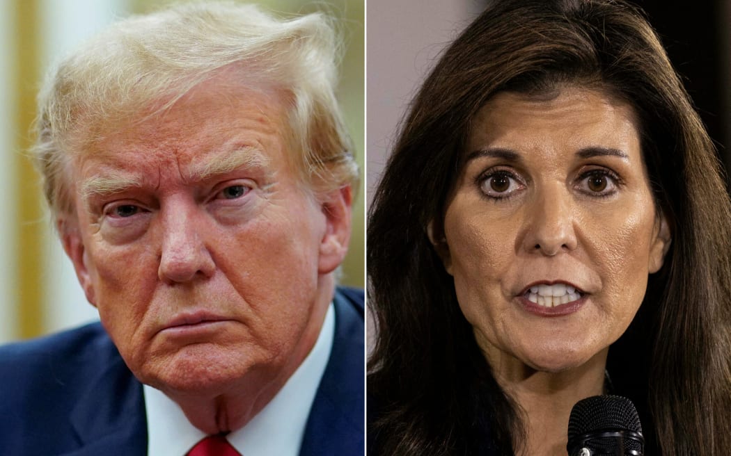 (COMBO) This combination of pictures created on January 21, 2024 shows former US President Donald Trump (L) arriving at the New York State Supreme Court during the civil fraud trial against the Trump Organization, in New York City on December 7, 2023 and Republican presidential hopeful and former UN Ambassador Nikki Haley speaking during a campaign event at the Olympic Theatre in Cedar Rapids, Iowa, on January 11, 2024. Florida Governor Ron DeSantis ended his election campaign on January 21, 2024 and threw his support behind the former president. His withdrawal, after months of weakening support, leaves only low-polling Nikki Haley standing between Trump and the nomination as the Republican Party's candidate for the US presidential election in November.
Eduardo Munoz Alvarez, Christian MONTERROSA / AFP