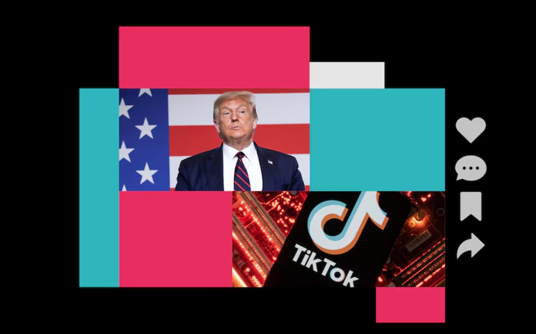 Graphic depicting Donald Trump in front of US flag and TikTok logo