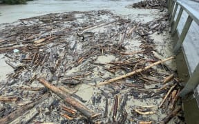 Flooding and forestry slash at Tolaga Bay on 13 February 2023, before the real brunt of Cyclone Gabrielle hit.
