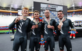 Picture by Alex Whitehead/SWpix.com - 23/10/2025 - Cycling - 2025 Tissot UCI Track World Championships - Velódromo Peñalolén, Santiago, Chile - Men’s Team Pursuit Podium - Thomas Sexton (New Zealand), Marshall Erwood (New Zealand), Keegan Hornblow (New Zealand), Nicholas Kergozou de la Boessiere (New Zealand) receiving the Bronze Medals