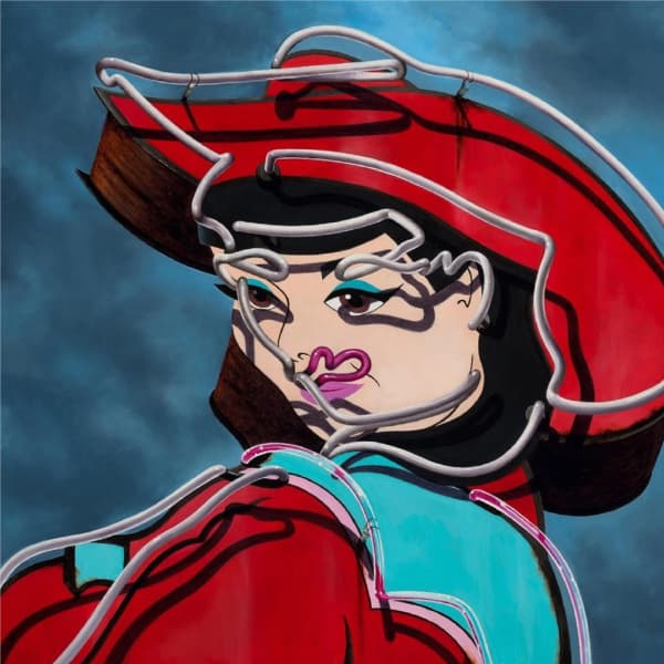 A colourful abstract painting of a woman in a cowboy hat.