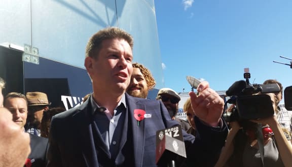 John Campbell at a rally which aimed to save his show outside the MediaWorks building in Auckland.