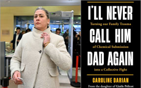 An image of Caroline Darian from her father's trial. Right, a copy of her book 'I'll Never Call Him Dad Again'.