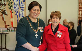 Ann Hartley (right), after her investiture as a Companion of the Queen's Service Order by the governor-general, Dame Cindy Kiro, at Government House, Auckland, on 28 May 2022