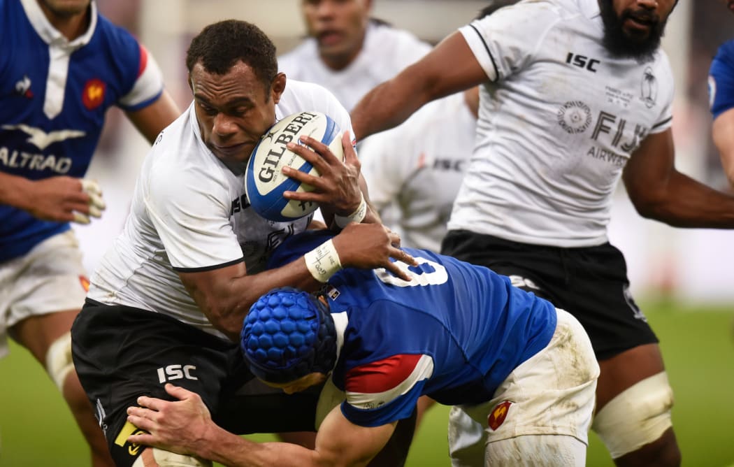 Fiji lock Leone Nakarawa takes the ball into contact.