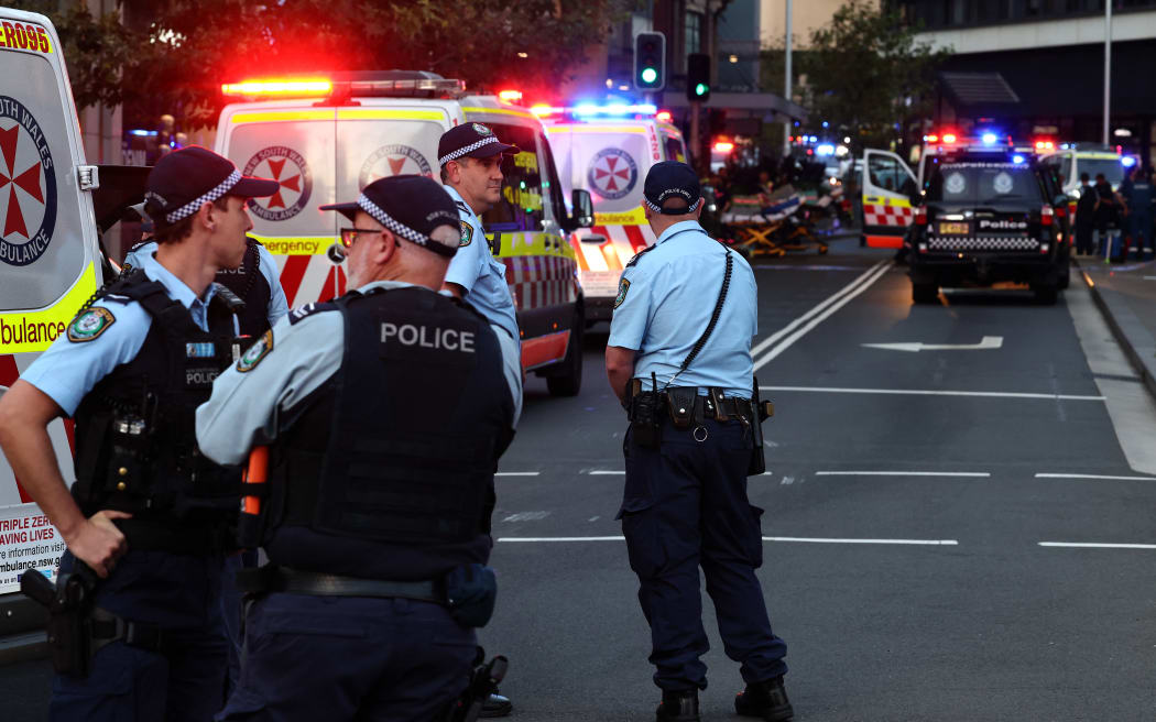 Police cordon off the Westfield Bondi Junction shopping mall after a stabbing incident in Sydney on April 13, 2024. Australian police on April 13 said they had received reports that "multiple people" were stabbed at a busy shopping centre in Sydney. (Photo by David GRAY / AFP)