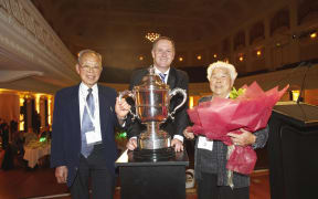 Joe and Fay Gock with the Bledisloe Cup and Prime Minister John Key.