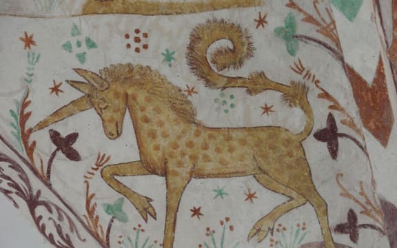 A church fresco depicting a unicorn in Elmelunde Church, Denmark